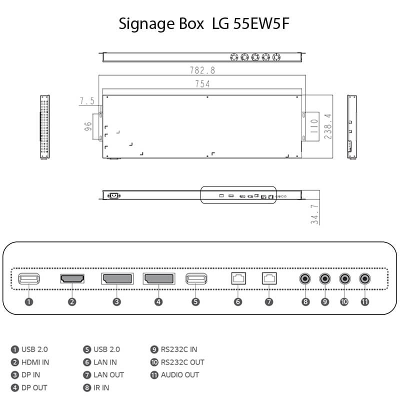 Signage box для  OLED-дисплея LG 55EW5F (FullHD 55)  чертеж размеры, интерфейсы